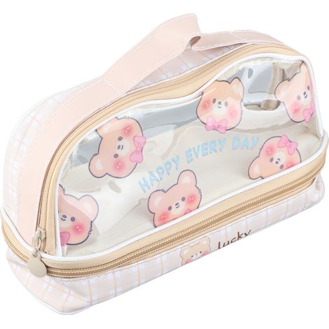Étui à crayons étanche ours jaune mignon, sac de rangement transparent à fermeture éclair pour écoliers, voyage, trousse de maquillage (1/5)