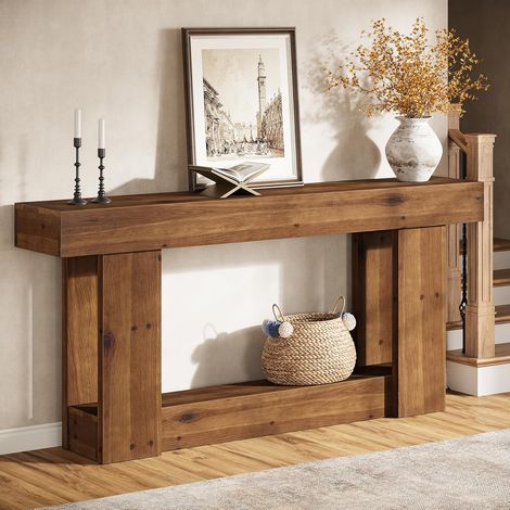 Tribesigns 63-Inch Console Table, Farmhouse Solid Wood EntrywayTable with U-Shaped Base, 2-Tier Narrow Long Sofa Table Behind The Couch for Living Room, Hallway, Foyer, Entrance, Rustic Brown (1/5)