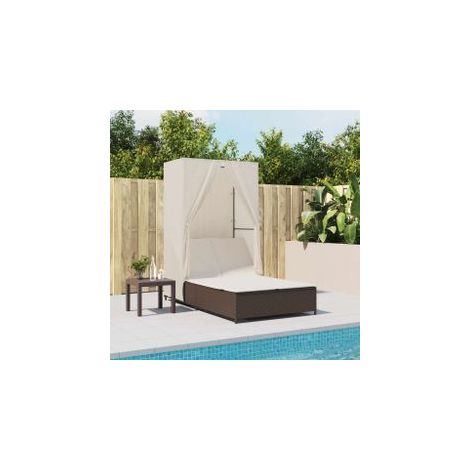 Chaise longue double avec toit et rideaux marron résine tressée (1/5)