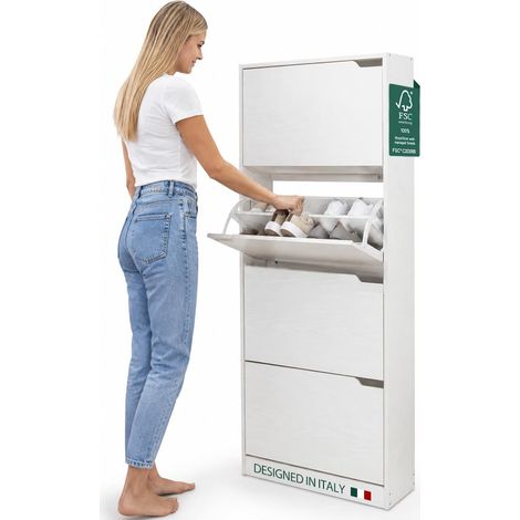 Meuble à chaussures en bois MDF avec 4 portes porte-chaussures à rabat, poignées rétractables, double profondeur, dimensions compactes, slim 63 x 24 x 150 cm, entrée maison (blanc frêné) (1/5)