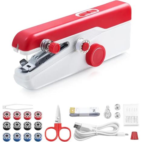 (Rouge) Machine à coudre portable pour usage domestique, outil de réparation de vêtements et tissus à faire soi-même (1/5)