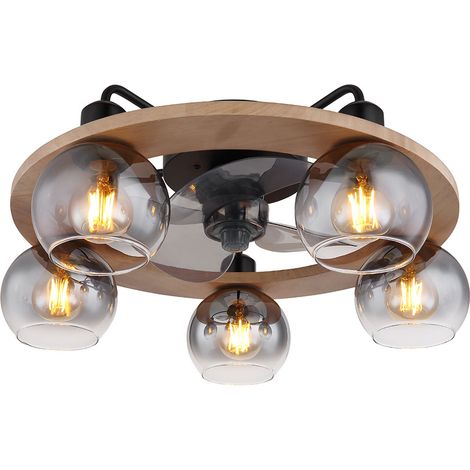 Ventilatore da soffitto con telecomando plafoniera ventilatore in legno lampada retro vetro fumé, vetro metallo, 5x E27, DxH 55x21,5 cm (1/5)