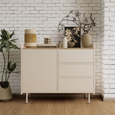 Aparador Velina, Crema, 100 x 82 cm con 3 cajones y 1 puerta, Vicco