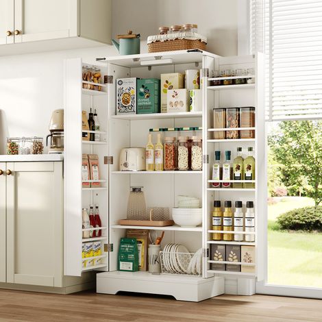 REDOM Buffet haut cuisine 60x35x128.5 cm avec éclairage LED 2 portes étagères réglables matériau MDF blanc (1/5)