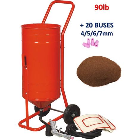 Sableuse Aérogommeuse mobile sur Roulettes 56,70L 90lb 41kg + 20 Buses + Sac 20kg d'Abrasif Garnet 120A+ Mesh