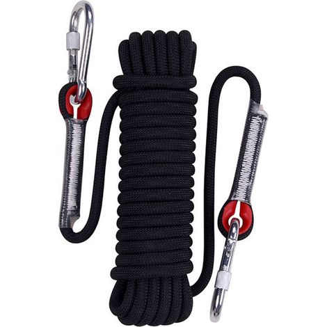 30m Black Static Climbing Rope Rescue Parachute Cord Rappelling Rope with Carabiners 10mm Diameter