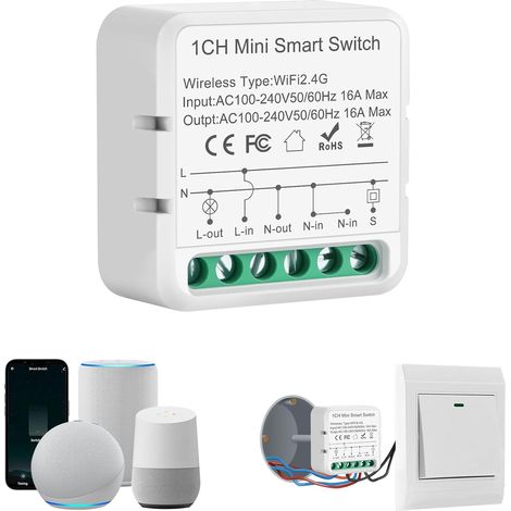 Interrupteur WIFI, 16A Interrupteur Connecté, 2.4G Smart Module Compatible avec 15, Mini Smart Switch compatible avec 15, Conducteur Neutre Nécessaire (1/5)