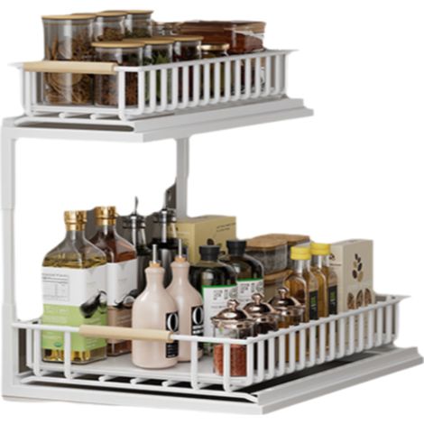 Rangement coulissant à 2 niveaux sous évier, organisateur en métal antirouille avec poignée en bois, rangement multi-usage sous évier pour cuisine et salle de bain (1/5)