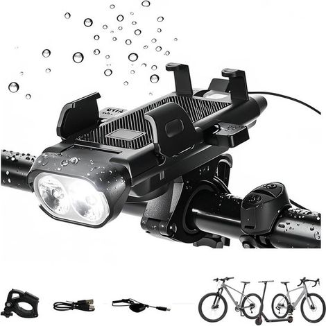 Lámpara para bicicleta，Iluminación para bicicleta，Soporte para teléfono 4 en 1 con luz，bocina y función de carga USB，500 lúmenes (1/5)