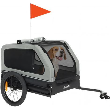 Faltbar Fahrradanhänger für Mittelgroße Hunde bis 20kg mit herunterklappbare Rampe Reflektoren Leine Flagge Grau