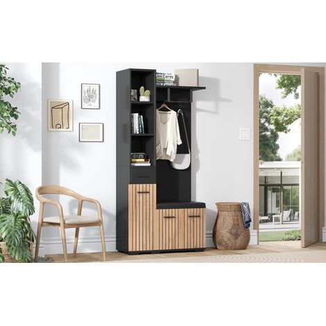 Armario recibidor 80x35x175 cm de aglomerado negro y natural, ahorro de espacio – MEUBLIV (1/5)