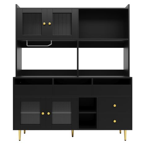 Armoire haute 145×39×171cm,verre perforé,porte-verres,noire dorée