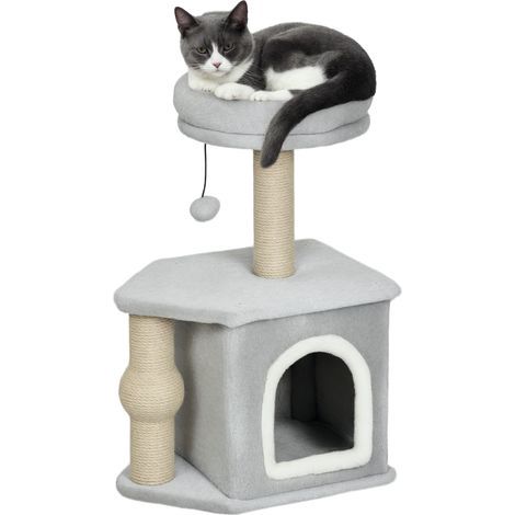 Katzenbaum, Spielturm für Katzen mit Kratzstämmen, Katzenbett und Katzenhaus, 42 x 30 x 66 cm, hellgrau (1/5)