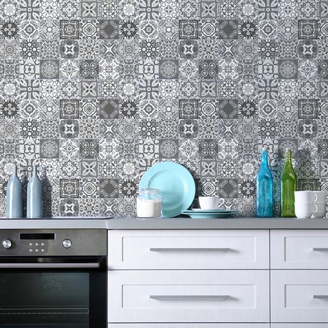 Sticker Mural Carrelage adhésif Cuisine Salle de Bain - 24 STICKERS CARREAUX DE CIMENT AZULEJOS ADRIEL - 24stickers10x10cm (1/5)