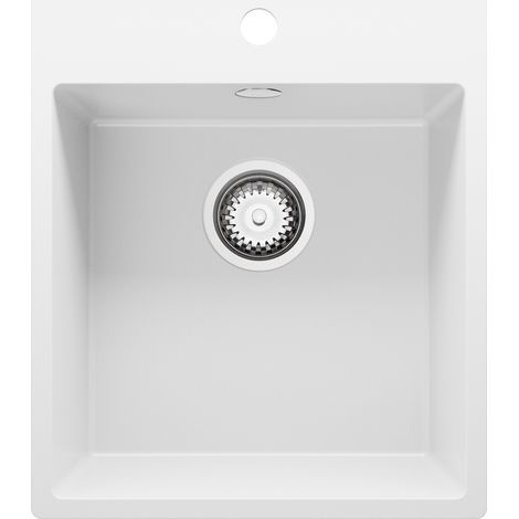 PRIMAGRAN Evier Cuisine en Granit 43x50cm, Lavabo 1 bac + Kit de Vidage, Évier à Encastrer au meuble 45cm - Riga, Blanc