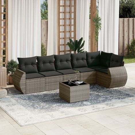 7-tlg. Garten-Sofagarnitur mit Kissen Grau Poly Rattan (1/3)