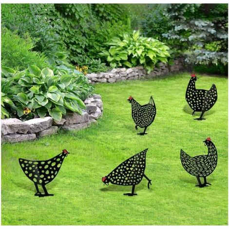 Poules Décoration Animal Silhouette Statu Extérieur Jardin Convient Décoration Pastorale Plein Air Métal Noir acrylique 5 Pièces