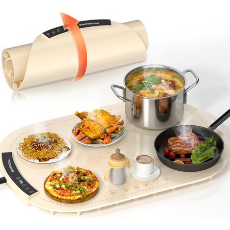 Chauffe Plat Électrique,Plaque Chauffante Électrique Silicone Pliable Flexible,Plaque Chauffante avec 5 Température Réglable et Minuteur,Chauffe Plat pour Buffet Fête Familiale (Rond Blanc) (1/5)