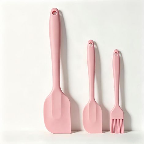 3-teiliges Silikon-Küchenhelfer-Set: Hitzebeständiger Spatel & Backpinsel (Rosa)