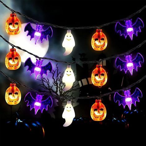Guirlande lumineuse citrouille, décoration d'Halloween avec 20 LED, 3 m, fonctionne à piles, motif citrouille, fantôme et chauve-sou (1/5)