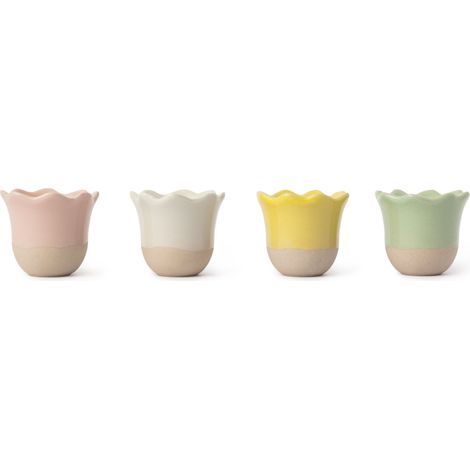 Jamie oliver big love excellent egg cups, set of 4 pink, white, green and yellow speckled stoneware egg holders with raw base, 6cm