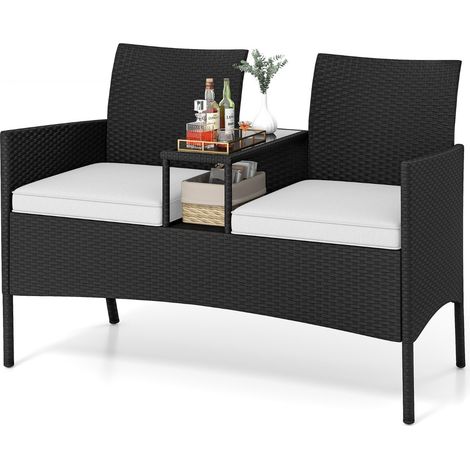 Divano da esterno con tavolino integrato, Mobile in rattan per 2 persone con cuscini e piano in vetro temperato Bianco (1/4)