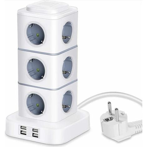 Multipresa a torre, multipresa a 12 prese (2500W / 10A) con 4 porte USB, multipresa verticale con protezione da sovratensione per casa e ufficio, prolunga da 3 m (1/5)
