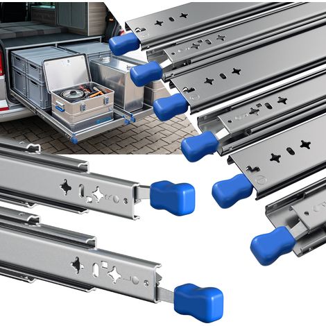 Jiubiaz Lot de 8 glissières télescopiques pour tiroir, 750 mm x 53 mm, verrouillables, extension totale, acier Q235, charge 102 kg/paire (1/5)
