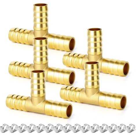 5 pièces Raccord en T cannelé en laiton de 8 mm, raccord cannelé en T à 3 voies avec 15 colliers de serrage en acier inoxydable pour eau, air, gaz et plomberie (1/5)