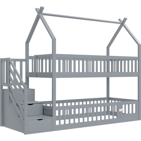 Cama litera infantil 90 x 200 cm de madera gris con techo, escalera segura y cajones (1/5)