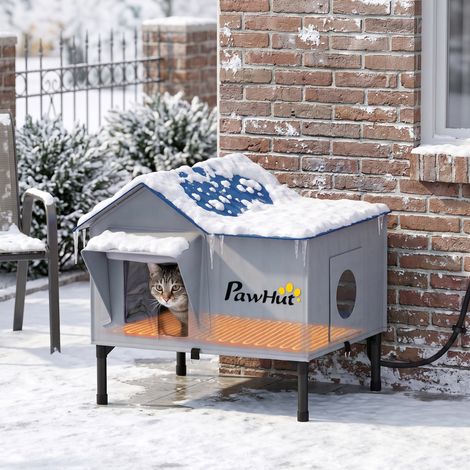 Niche Chauffante pour Chat d'Extérieur Imperméable Base Surélevée 5 cm Coussin Chauffant 55°C 51 x 41 x 55 cm Gris Clair (1/5)
