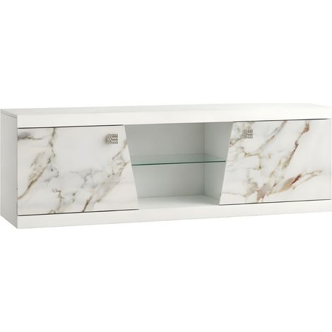 Meuble TV 2 portes 2 niches laqué blanc et imitation marbre - ETOLIS