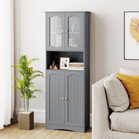 Armoire de Rangement de 164 cm de Haut Armoire Haute Autoportante Portes en Verre Givré Etagères pour Salle de Bain Cuisine Salon Gris (1/3)