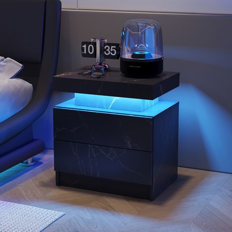 Table de chevet or noir moderne avec éclairage LED et 2 tiroirs, design fonctionnel et élégant pour chambre, rangement pratique