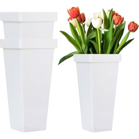 Lot de 3 seaux à fleurs coupées en plastique blanc pour fleurs coupées - 34 cm - Vases carrés pour la maison, le bureau, les décorations de mariage (1/5)
