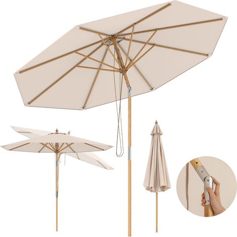Parasol Rond 280 cm, Parasol de Table de Marché en Bambou avec Inclinaison à Bouton-Poussoir, 8 Baleines, Hauteur Réglable pour Jardin, Plage, Beige (1/5)