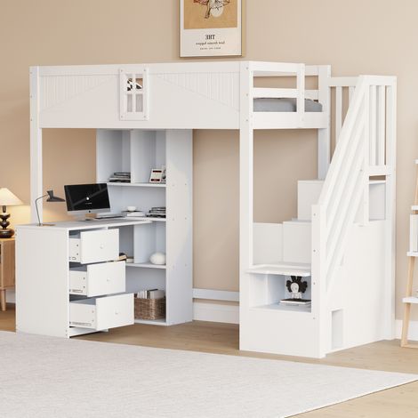 Cama Alta 90×200 cm, Cama Individual con Escritorio, Armarios, Cajones y Escalera con Almacenaje Reversible, sin Colchón, Blanco (1/5)