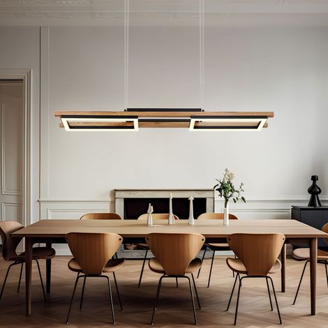 Hängelampe Deckenlampe Wohnzimmerleuchte Holzleuchte LED Pendellampe Esstischleuchte, 3 Lichtstufen, Holzoptik Metall schwarz, 30W 1000lm warmweiß, H 120 cm