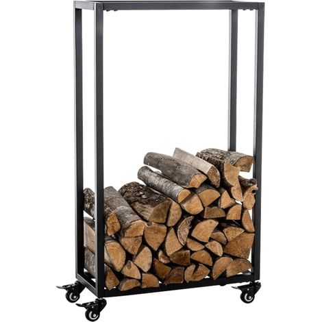 Leñero, estante de soporte de leña para chimenea con ruedas 100x40x25 cm en metal negro 100003528 (1/5)