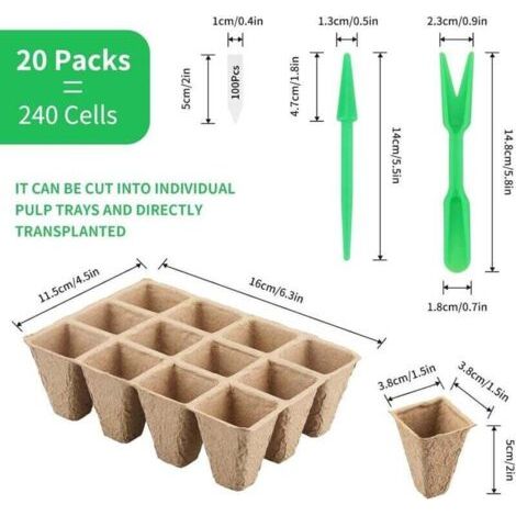 QORVA-20 paquets de -240 cellules Pots godet de graines dégradables Pots de graines en fibre pour semis avec 100 morceaux de bouchons de plantes en plastique et outils pour déterrer les transplanes