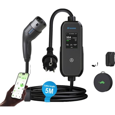 Cargador portátil para vehículos eléctricos, controlado por aplicación, resistente al agua IP65, color negro. (1/2)