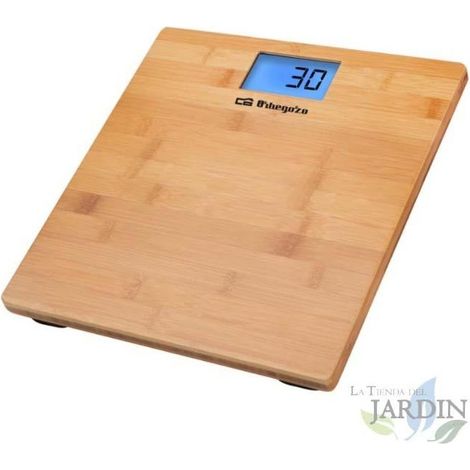 Báscula baño electrónica Orbegozo, capacidad max 150 kg, pantalla LCD, gran superficie madera Bambú