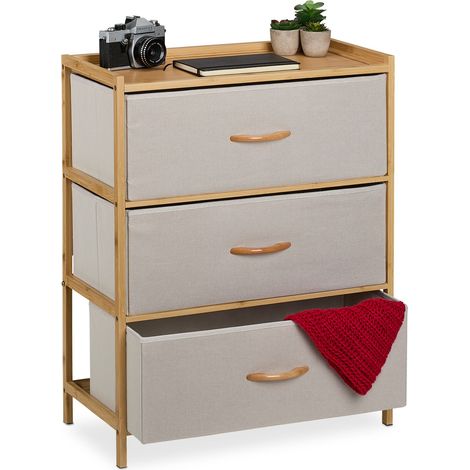 Relaxdays Cassettiera Camera da Letto, Comò 3 Cassetti in Tessuto, HLP: 73x57,5x30 cm, Struttura Bambù Naturale, Beige