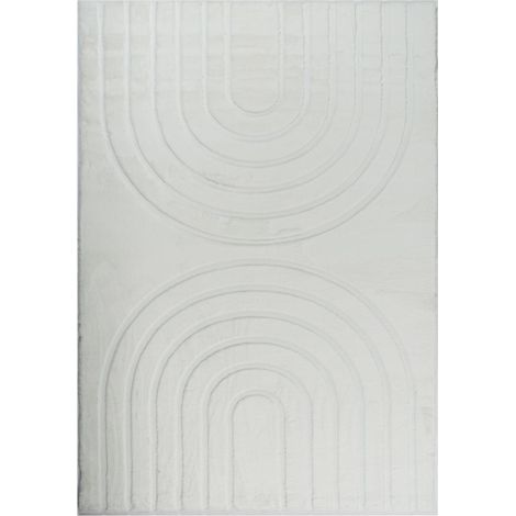 Tapis salon 80 x 150 cm, Blanc et gris, faux uni sobre, texture en relief, finition soignée pour un usage quotidien