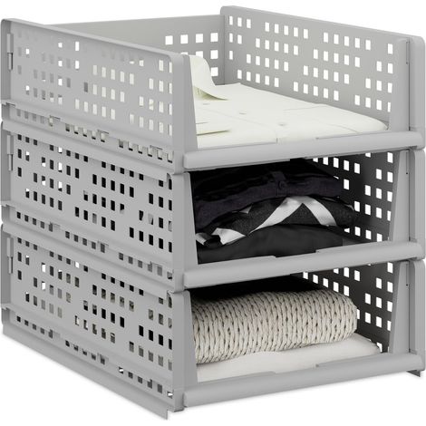 Relaxdays Organizadores de Armario, Set de 3, Cajas Almacenaje Apilables, Extraíbles, Cajones 13 x 33,5 x 43,5 cm, Gris