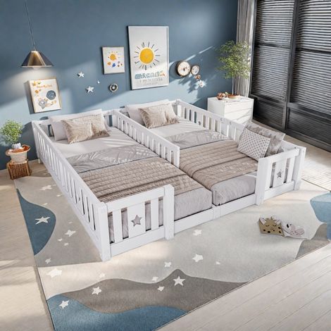 Montessori Letto 180x200cm,Lettino per bambini con motivo stella protezione anti-caduta,Letto per bambini Montessori al pavimento,letto per bambini in legno,letto gemellare Montessori,Bianco(Senza dog (1/5)