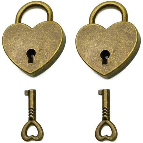 Set of 2 Vintage Style Heart Shaped Mini Padlock with Key Antique Bronze (1/5)