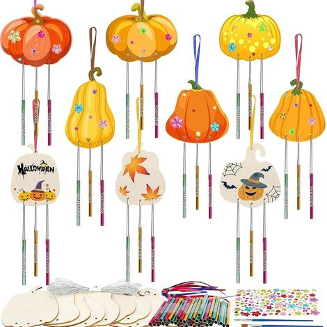 9 Kits Carillon éolien Citrouille Bois, DIY Peinture Halloween, Accessoires Décoration Jardin Fenêtre Enfants