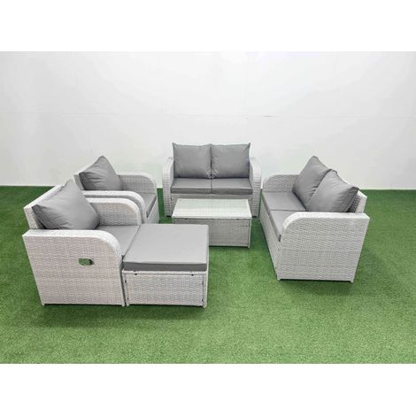 Fimous 7 Seater Outdoor Reclining Chair Love Sofa Set Rattan Garden Furniture Set with Rectangular Coffee Table Footstool Light Grey (1/4)