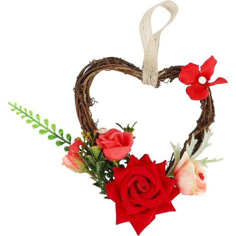 Couronne de fleurs artificielles rouges, avec feuilles vertes, idéale pour décorer une porte d'entrée ou un mur lors d'un mariage.-AquaForge (1/5)
